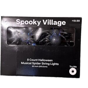 NIB Spooky Village 8 Count Musical Spider String Blue Lights 80" Halloween Scary